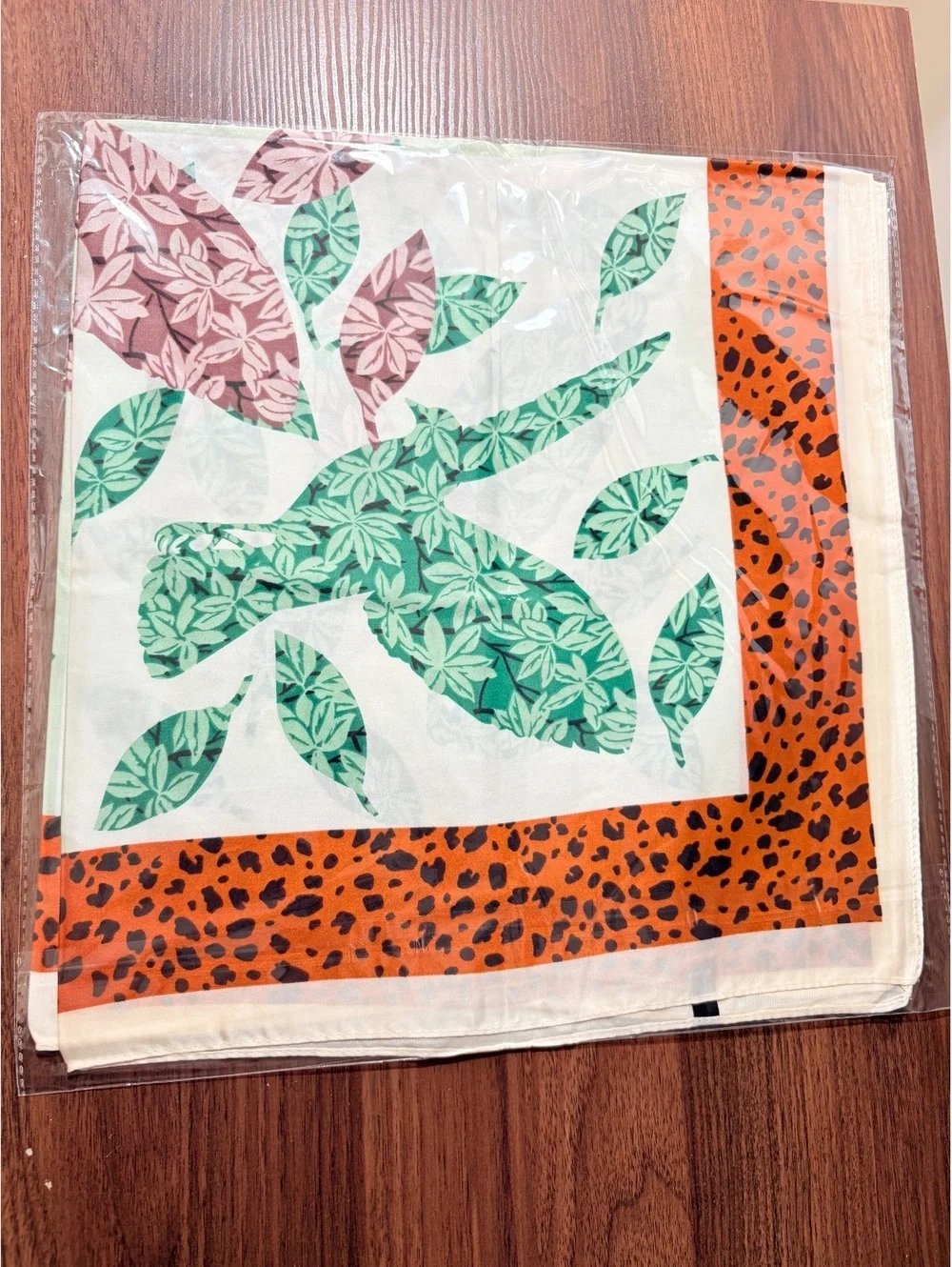 Vintage Floral Leaf Print Square Scarf with Orange Leopard Border